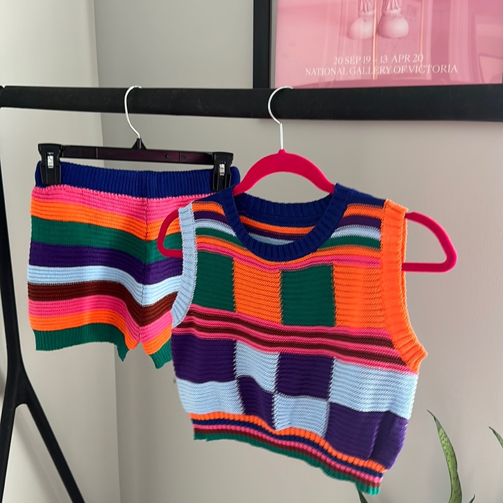 Knitted Stipe Checker MultiColor Two-Piece Tank Short Set Size Small